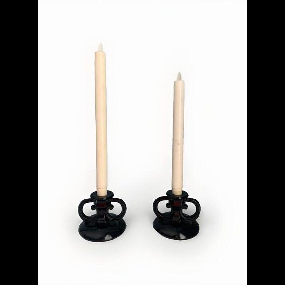 2 Vintage L.E. Smith Black Amethyst Glass Taper Candlestick Holders Halloween - Picture 1 of 15